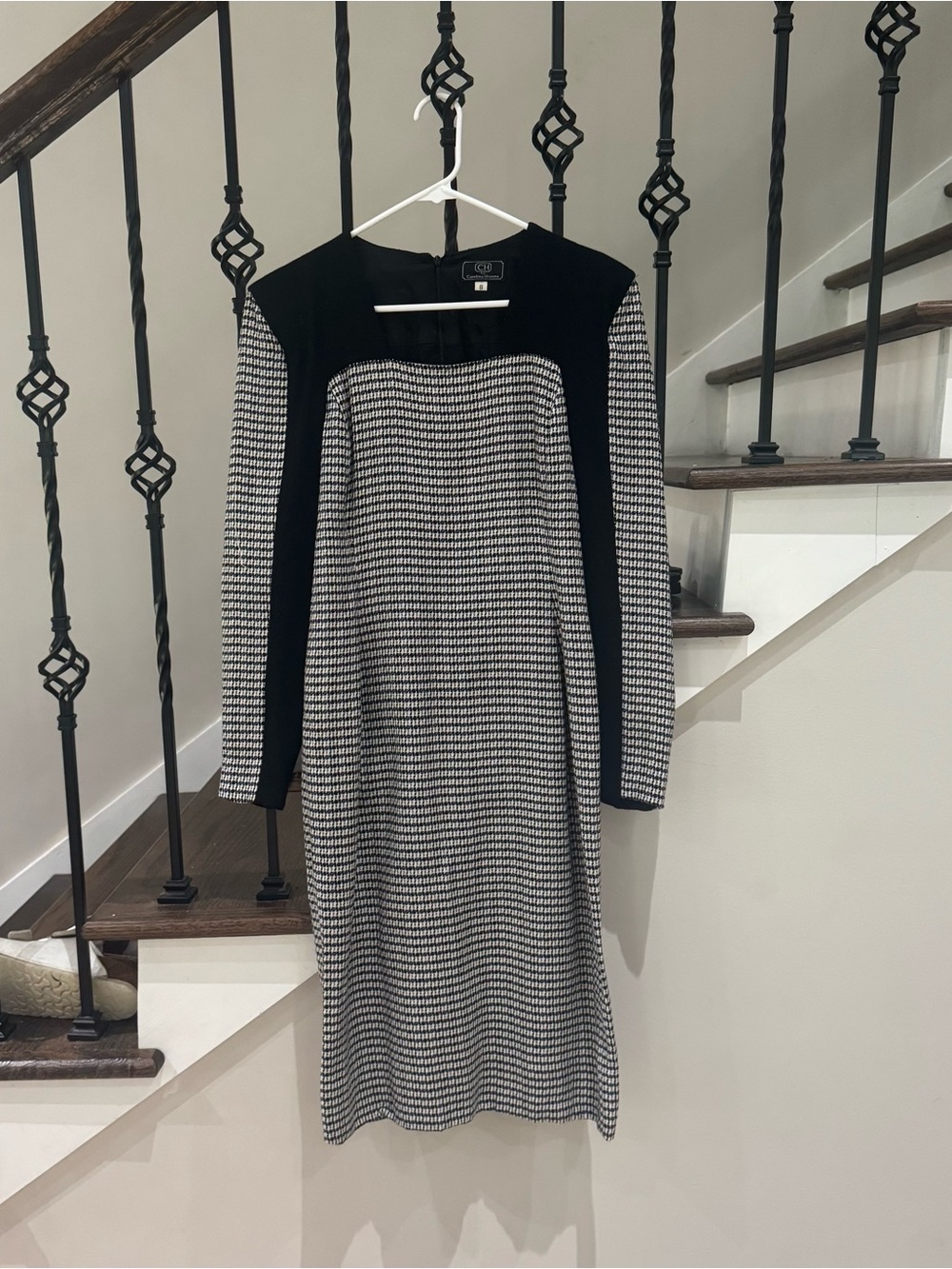 Vintage CH Carolina Herrera Houndstooth Wool Blend Midi Dress Size 8